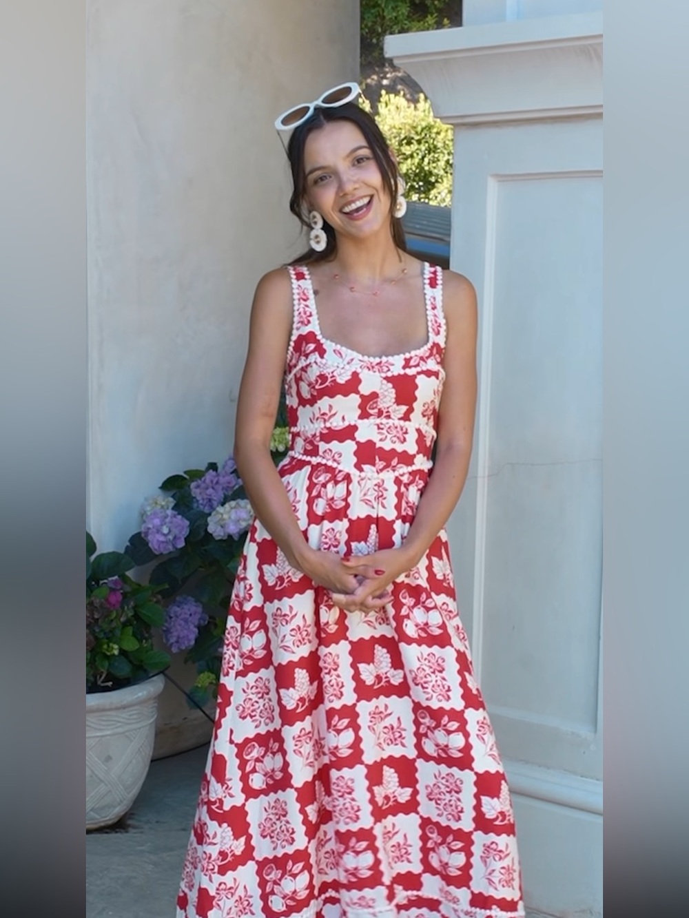 Red and White Floral Tile Maxi Dress - Sleeveless Square Neck
